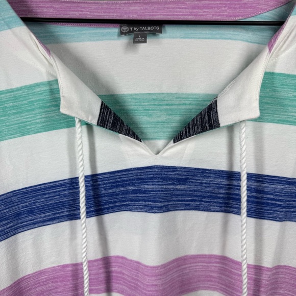 T by Talbots Large Brush Stripe Tassel Split Neck Pullover 3/4 Sleeves Beach - Picture 5 of 11